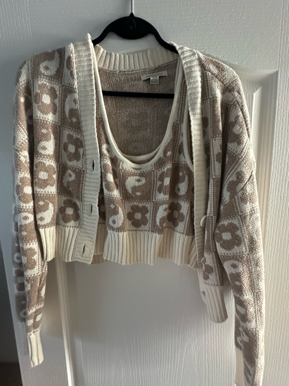 American Eagle Outfitters Cream & Beige Floral-Check Knit Cardigan and Tank Set